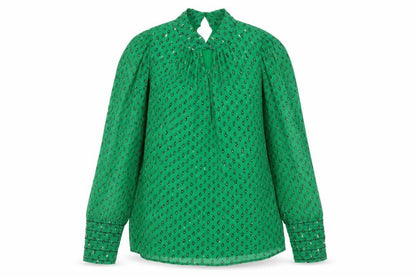ba&sh Women Green UK 6 Geometric Metallic Long Sleeve Tunic Blouse