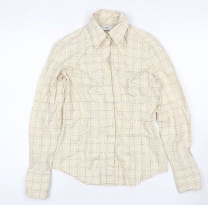 Next Women Beige Check Cotton Button-Up Shirt UK 8 Long Sleeve Collared