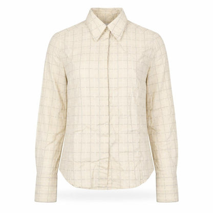 Next Women Beige Check Cotton Button-Up Shirt UK 8 Long Sleeve Collared