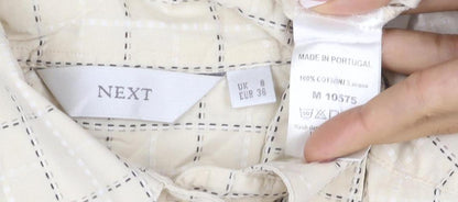 Next Women Beige Check Cotton Button-Up Shirt UK 8 Long Sleeve Collared