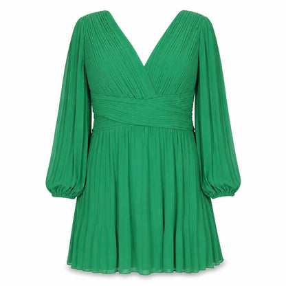 Boohoo Women Green UK 16 Pleated V-Neck Fit & Flare Party Dress
