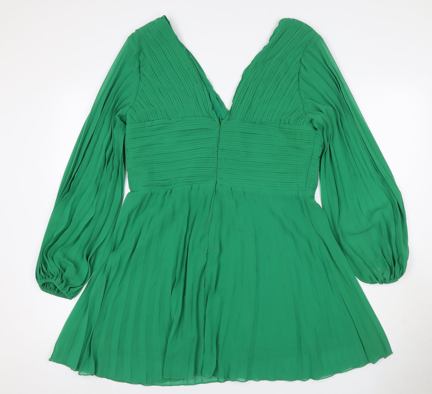 Boohoo Women Green UK 16 Pleated V-Neck Fit & Flare Party Dress