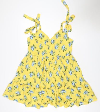 Boohoo Women Yellow Floral UK 14 Fit & Flare Tie Strap Midi Dress