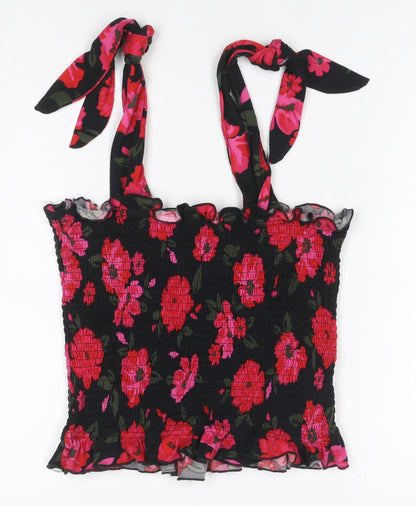 Brave Soul Women Black Floral Tie Strap Smocked Camisole Top Size L