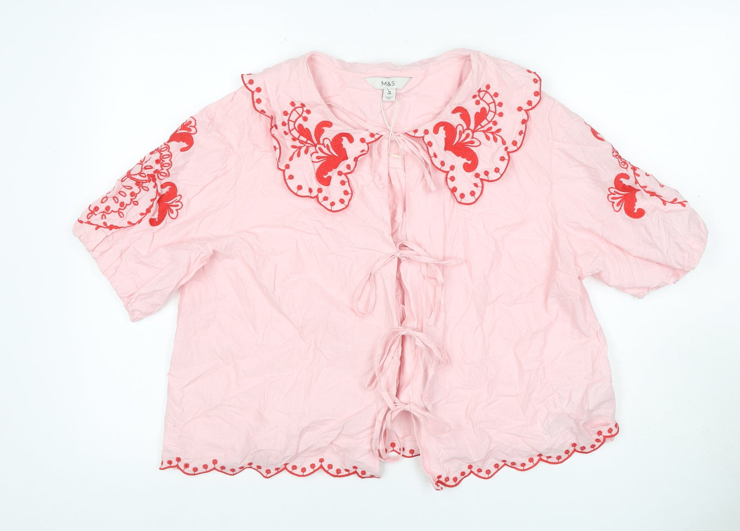 Marks and Spencer Women Pink Size 14 Embroidered Tie Front Blouse