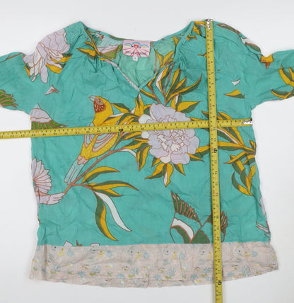 Soul Kathrine Women Green L Floral Bird Cotton Ruffle Hem Blouse