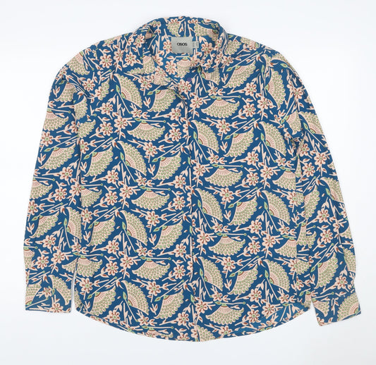 ASOS Women Blue Bird Floral Viscose Button-Up Shirt UK 12