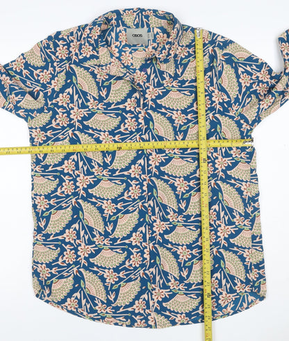 ASOS Women Blue Bird Floral Viscose Button-Up Shirt UK 12