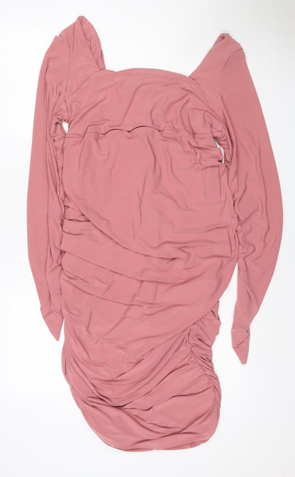 Club L London Women Pink UK 16 Maxi Off Shoulder Ruched Long Sleeve Dress