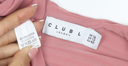 Club L London Women Pink UK 16 Maxi Off Shoulder Ruched Long Sleeve Dress