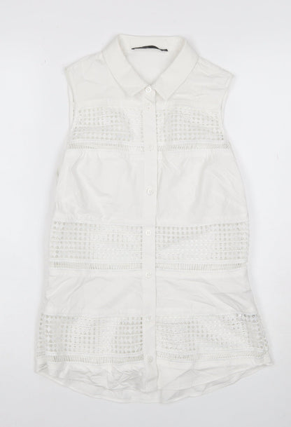 Karen Millen Women White UK 10 Sleeveless Lace Button-Up Tunic Blouse