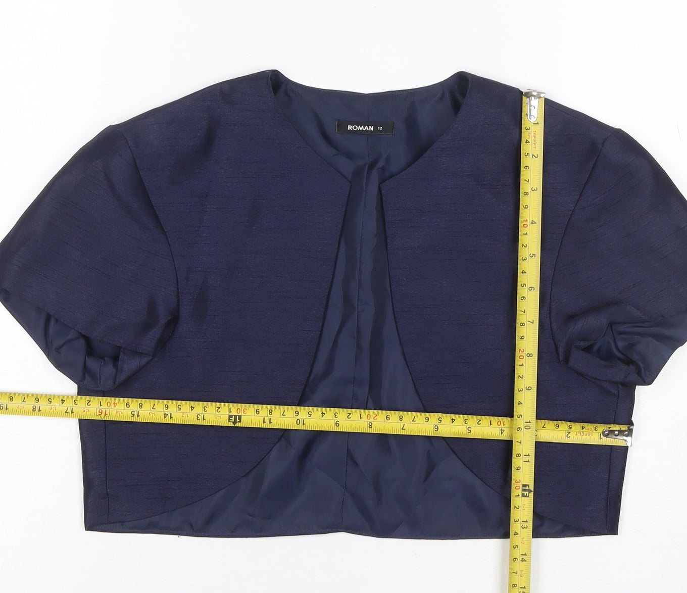 Roman Women Blue UK 12 Cropped Suit Jacket Lined Short Sleeve