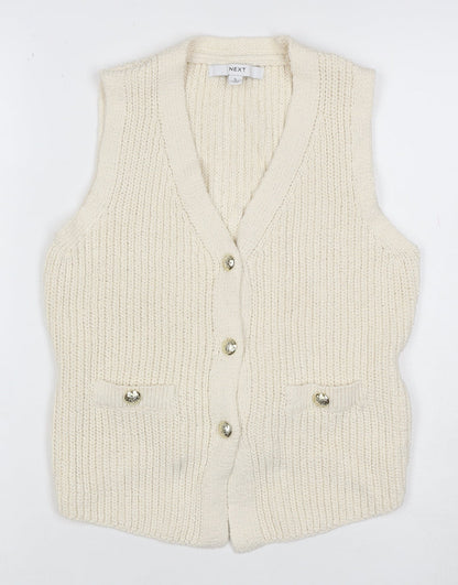 Next Women Ivory Chunky Knit Belted Button Vest Cardigan Size 10