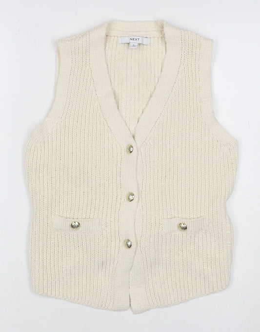 Next Women Ivory Chunky Knit Belted Button Vest Cardigan Size 10
