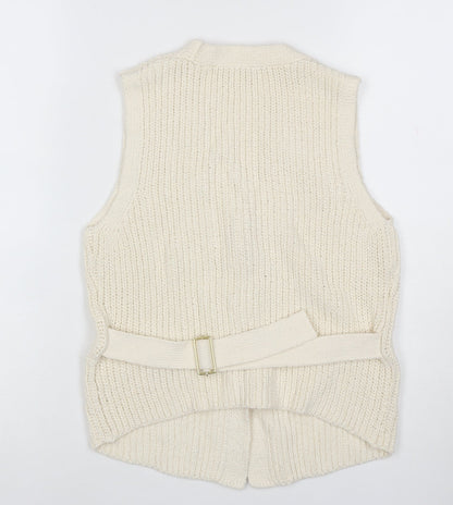 Next Women Ivory Chunky Knit Belted Button Vest Cardigan Size 10