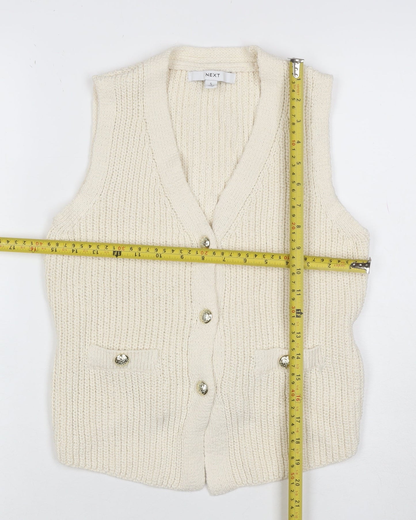 Next Women Ivory Chunky Knit Belted Button Vest Cardigan Size 10