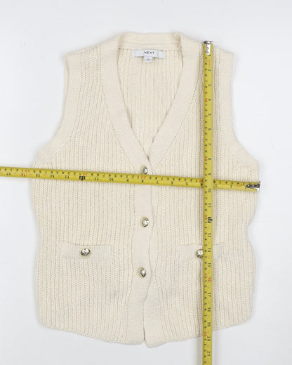 Next Women Ivory Chunky Knit Belted Button Vest Cardigan Size 10
