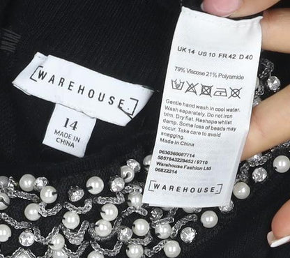 Warehouse Women Black UK 14 Embellished High Neck Knit Jumper