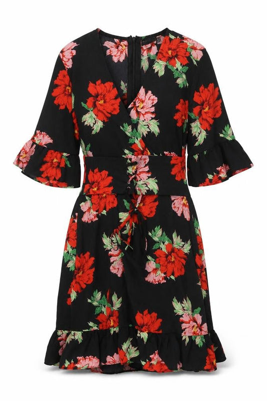 PrettyLittleThing Women Black Floral Fit & Flare Dress UK 10 Bell Sleeve