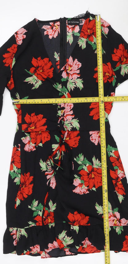 PrettyLittleThing Women Black Floral Fit & Flare Dress UK 10 Bell Sleeve