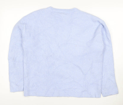 Marks & Spencer Women Blue M Crew Neck Rib Knit Jumper Long Sleeve