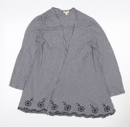 Monsoon Women Black White Striped Beaded Open Cardigan Size L V-Neck