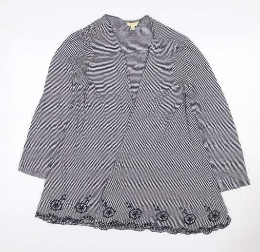 Monsoon Women Black White Striped Beaded Open Cardigan Size L V-Neck