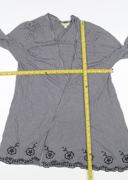 Monsoon Women Black White Striped Beaded Open Cardigan Size L V-Neck