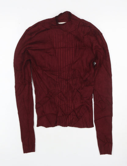 Pull&Bear Women Red M Ribbed Mock Neck Slim Knit Pullover Jumper