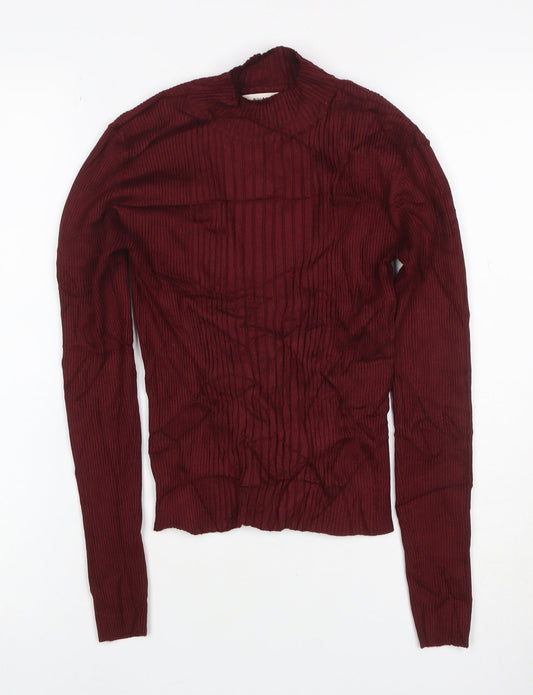 Pull&Bear Women Red M Ribbed Mock Neck Slim Knit Pullover Jumper