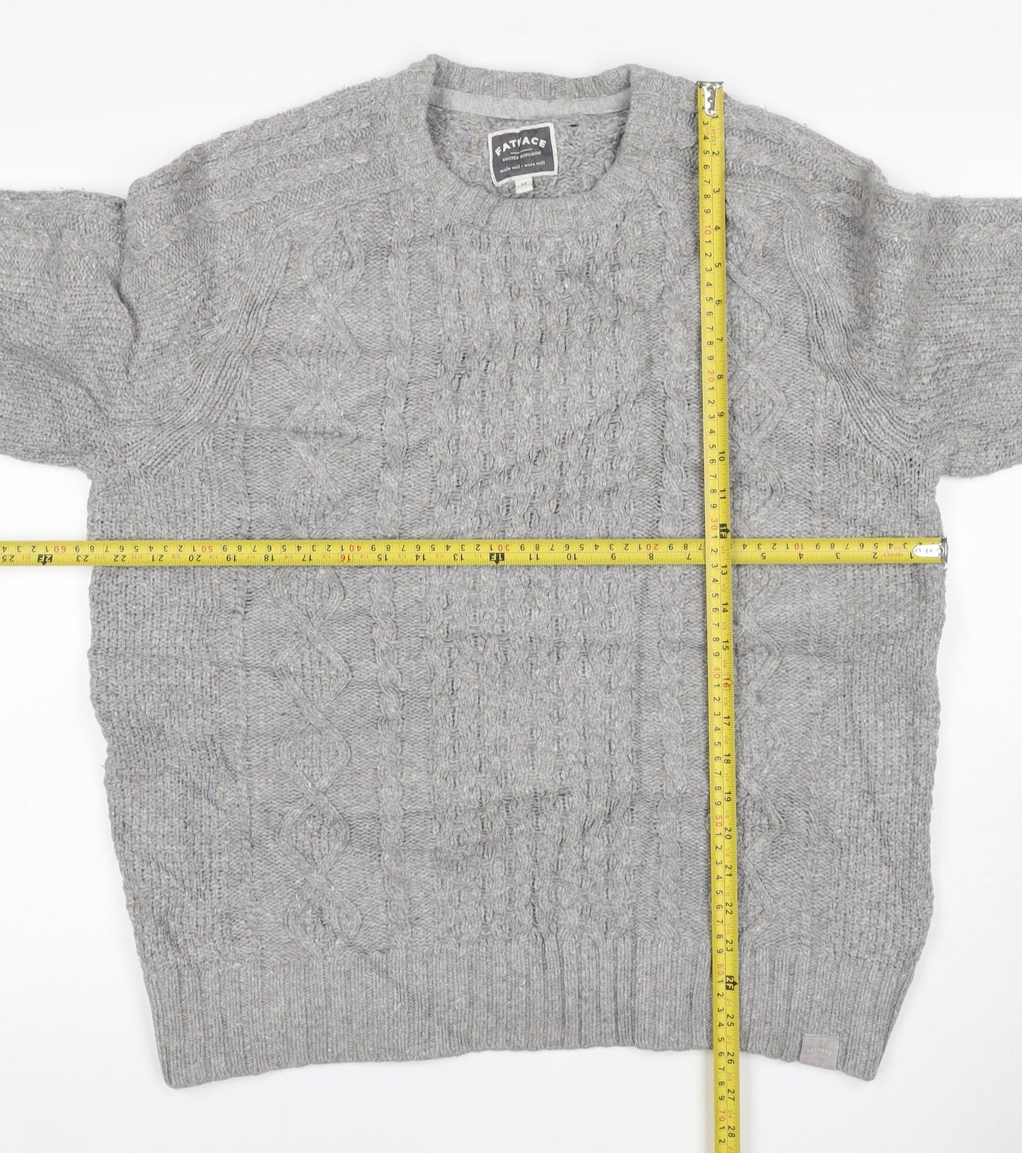 FatFace Women Grey M Cable Knit Cotton Crew Neck Pullover Jumper