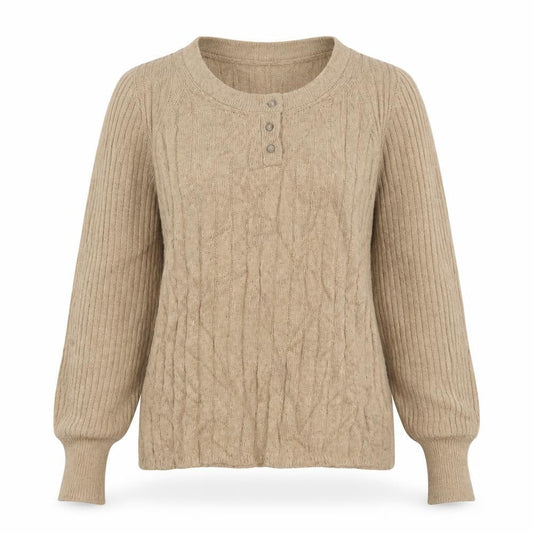 Per Una Women Beige S Cable Knit Cotton Blend Henley Jumper