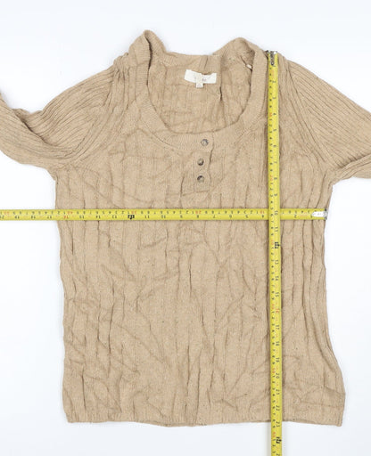 Per Una Women Beige S Cable Knit Cotton Blend Henley Jumper