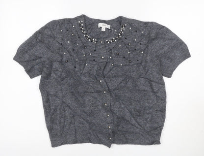 Marks and Spencer Women Grey M Beaded Rhinestone Short Sleeve Cardigan