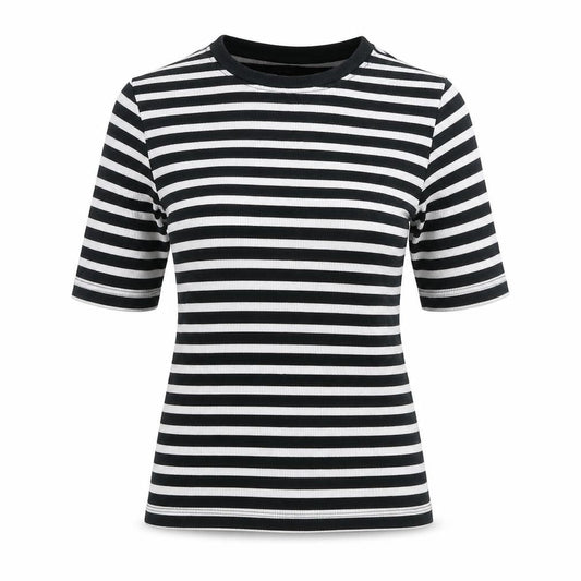 Sinsay Women Black White Stripe Ribbed 3/4 Sleeve Crew Neck T-Shirt S