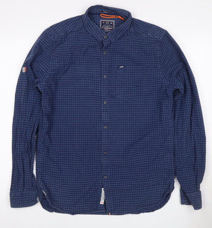 Superdry Men Blue Check Cotton Button-Up Shirt XL Long Sleeve