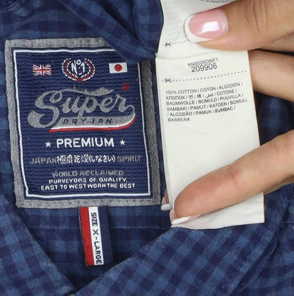 Superdry Men Blue Check Cotton Button-Up Shirt XL Long Sleeve