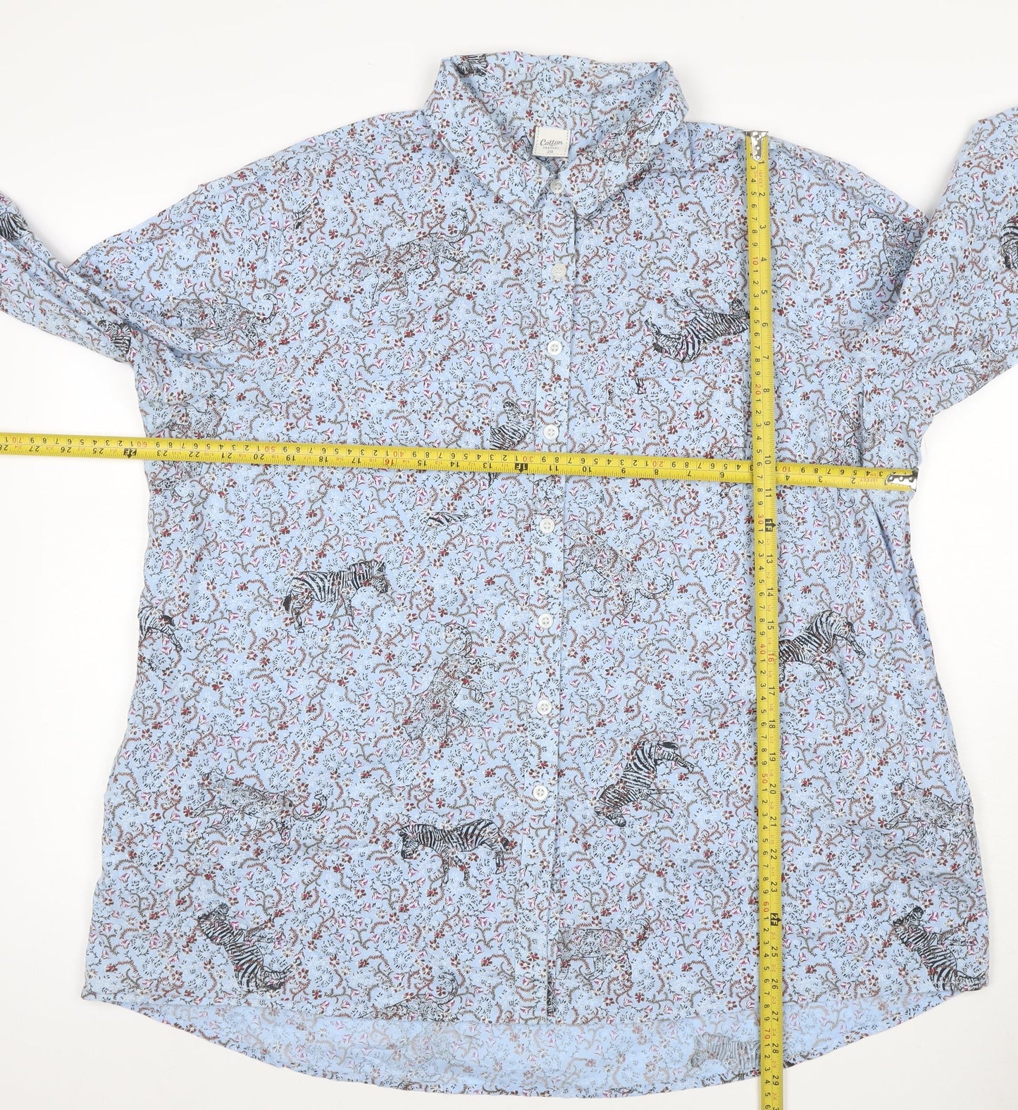 Cotton Traders Women Blue Size 20 Floral Zebra Cotton Button-Up Shirt