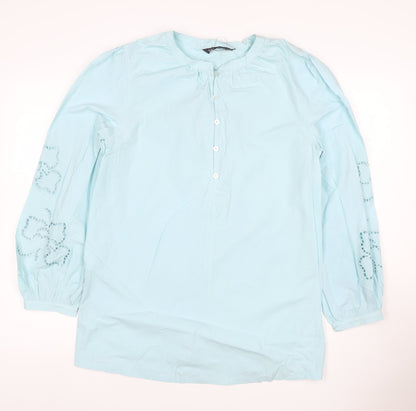 M&S Women Blue Size 10 Cotton Embroidered Long Sleeve Tunic Blouse