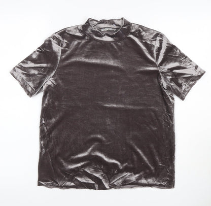 Zara Women Grey Velvet High Neck Short Sleeve T-Shirt Size M