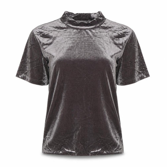 Zara Women Grey Velvet High Neck Short Sleeve T-Shirt Size M