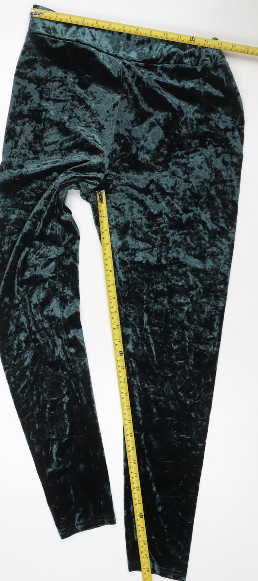 Marks & Spencer Women Green Velvet Leggings Size 16 Stretch Party Trousers