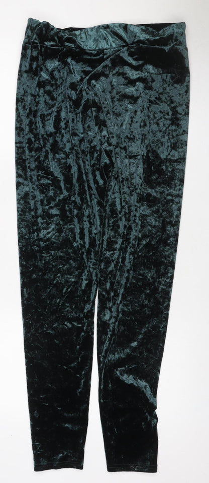 Marks & Spencer Women Green Velvet Leggings Size 16 Stretch Party Trousers