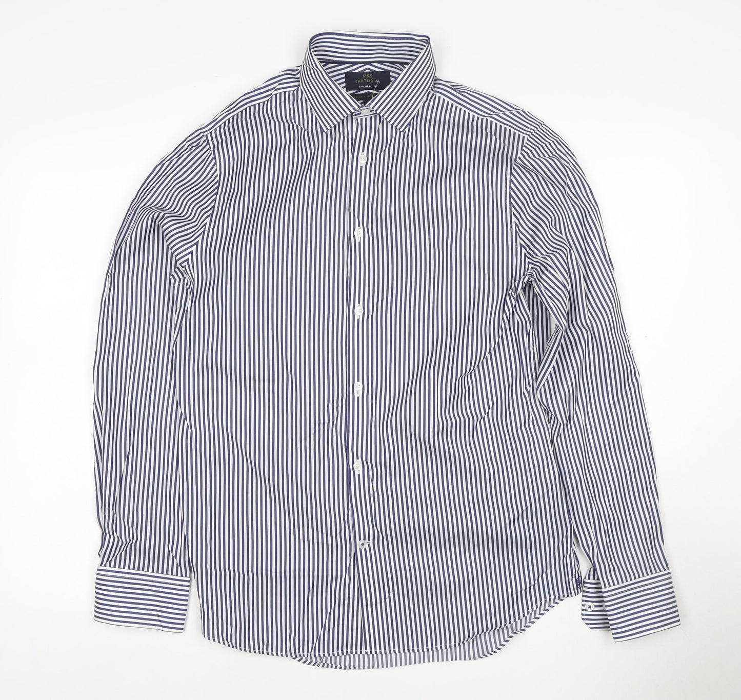 M&S Sartorial Men Blue Stripe Slim Fit Cotton Shirt 15 Long Sleeve