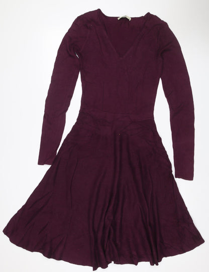 Oasis Women Purple XS Fit & Flare Knit V-Neck Long Sleeve Dress