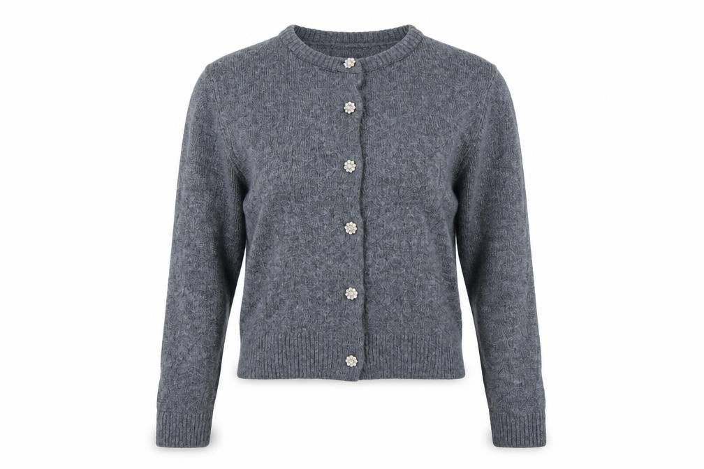 M&S Women Grey M Knit Crew Neck Jewel Button Cardigan