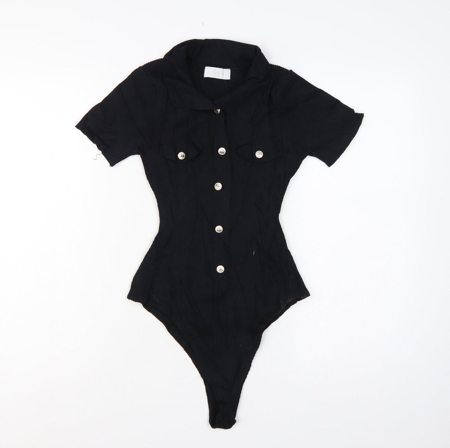 Quiz Women Black S Ribbed Button Front Cap Sleeve Bodysuit