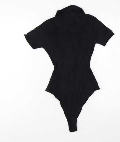 Quiz Women Black S Ribbed Button Front Cap Sleeve Bodysuit