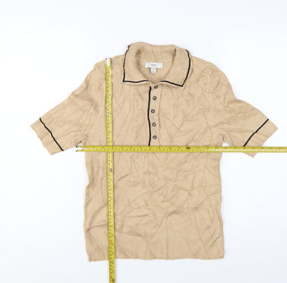 Marks and Spencer Women Beige Size 12 Rib Knit Collared Polo Top