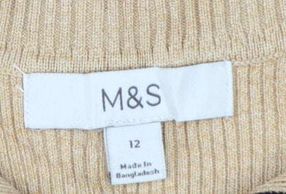 Marks and Spencer Women Beige Size 12 Rib Knit Collared Polo Top